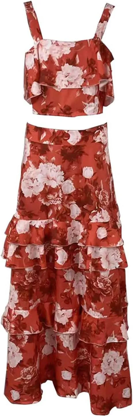 2025 Summer 2 Piece Boho Floral Outfits for Women Short Sleeve Off Shoulder Crop Top and High Waist Flowy Long Skirt Set