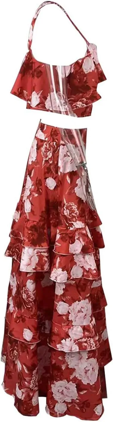 2025 Summer 2 Piece Boho Floral Outfits for Women Short Sleeve Off Shoulder Crop Top and High Waist Flowy Long Skirt Set