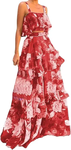 2025 Summer 2 Piece Boho Floral Outfits for Women Short Sleeve Off Shoulder Crop Top and High Waist Flowy Long Skirt Set