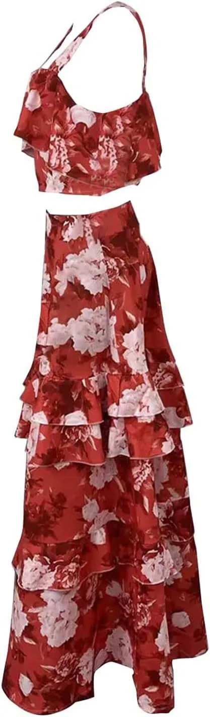 2025 Summer 2 Piece Boho Floral Outfits for Women Short Sleeve Off Shoulder Crop Top and High Waist Flowy Long Skirt Set