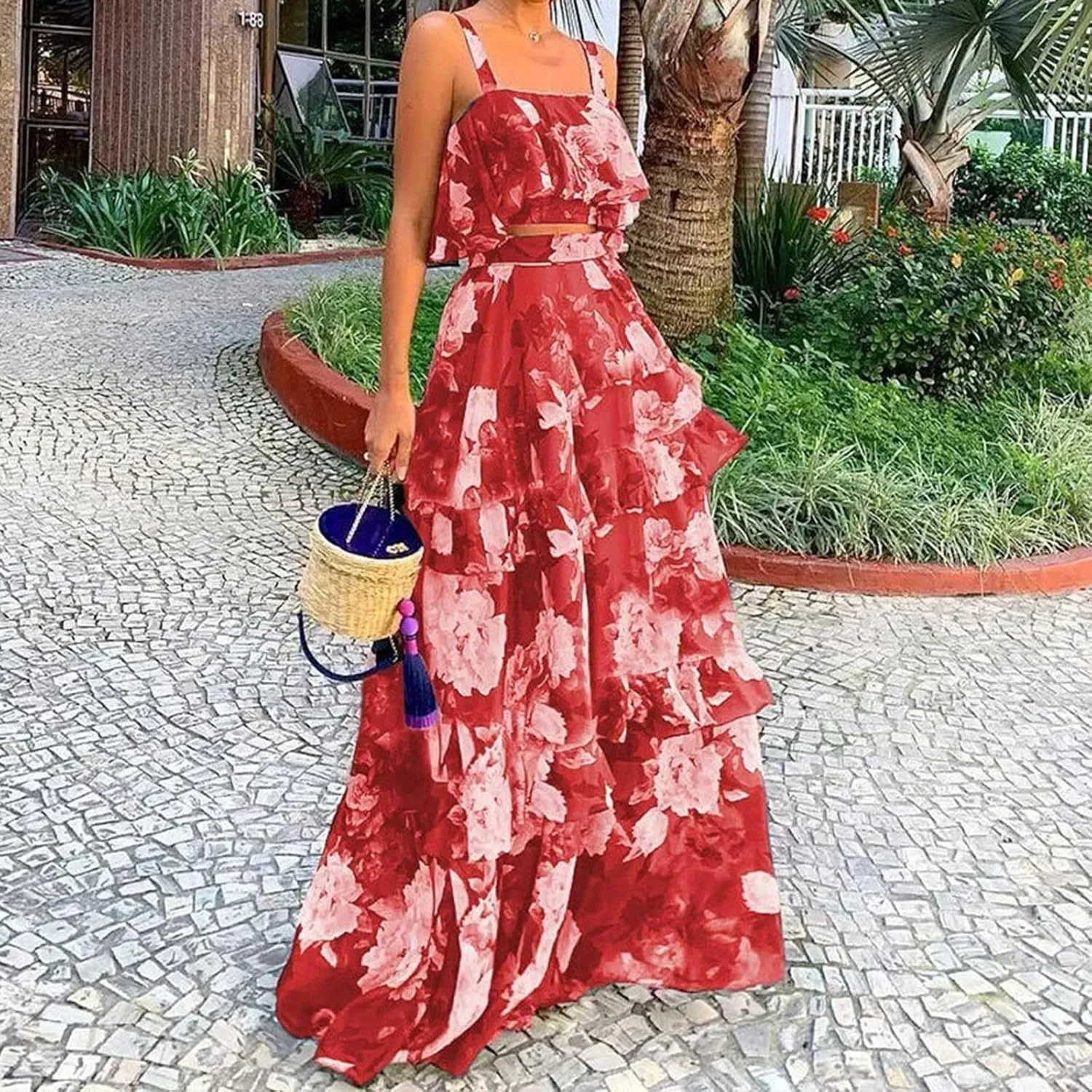 2025 Summer 2 Piece Boho Floral Outfits for Women Short Sleeve Off Shoulder Crop Top and High Waist Flowy Long Skirt Set