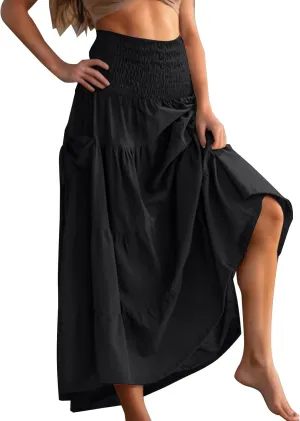 2025 Summer Womens Boho Maxi Skirts Casual Loose Pleated Long Skirts with Pockets Fashion Stretch Ruffle A Line Skirt