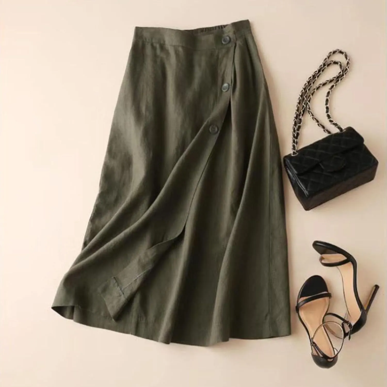 2025 Women Spring Solid Button Down Casual Wedding Elegant Flowy A-Line Midi Skirts, M-2XL
