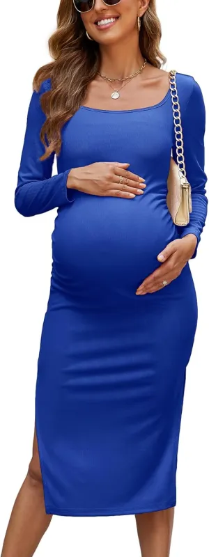 2025 Women's Split Maternity Dress Fine Ribbed Ruched Pregnancy Clothes Baby Shower Dresses