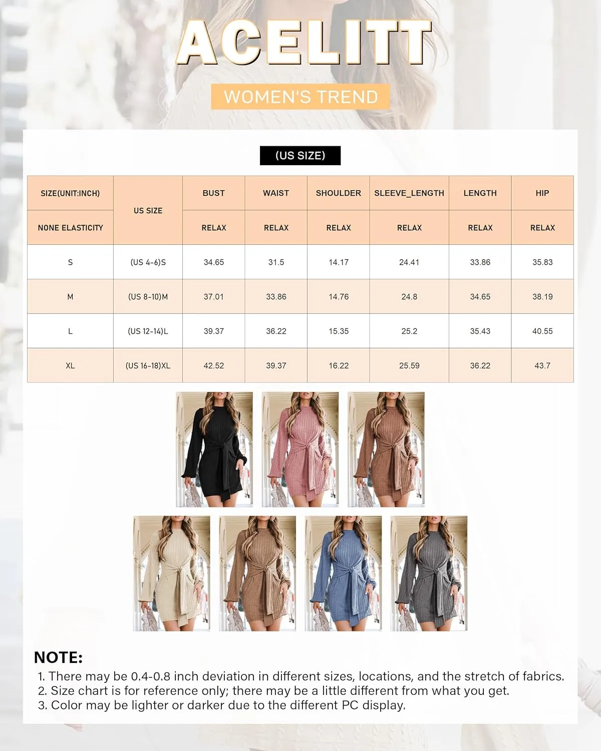 Acelitt Womens Casual Fall Long Lantern Sleeve Ribbed Knit Sweater Dresses Tie Waist Cocktail Short Dress