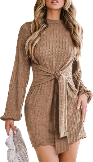 Acelitt Womens Casual Fall Long Lantern Sleeve Ribbed Knit Sweater Dresses Tie Waist Cocktail Short Dress