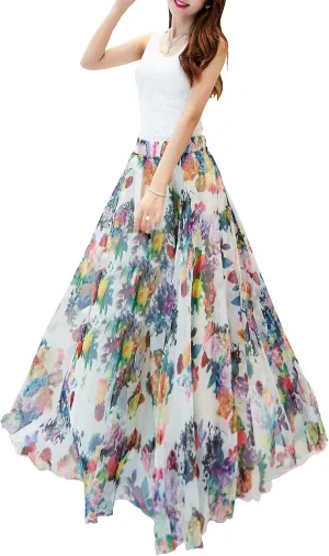Afibi Women Floral Long Skirts Chiffon Summer Beach High Waisted Maxi Skirts