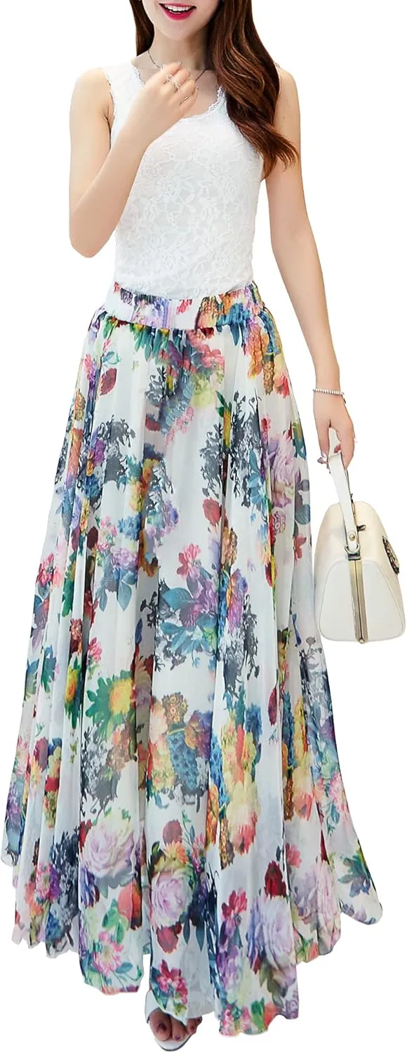 Afibi Women Floral Long Skirts Chiffon Summer Beach High Waisted Maxi Skirts