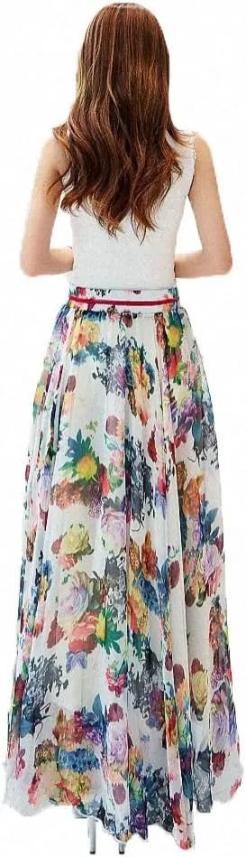 Afibi Women Floral Long Skirts Chiffon Summer Beach High Waisted Maxi Skirts