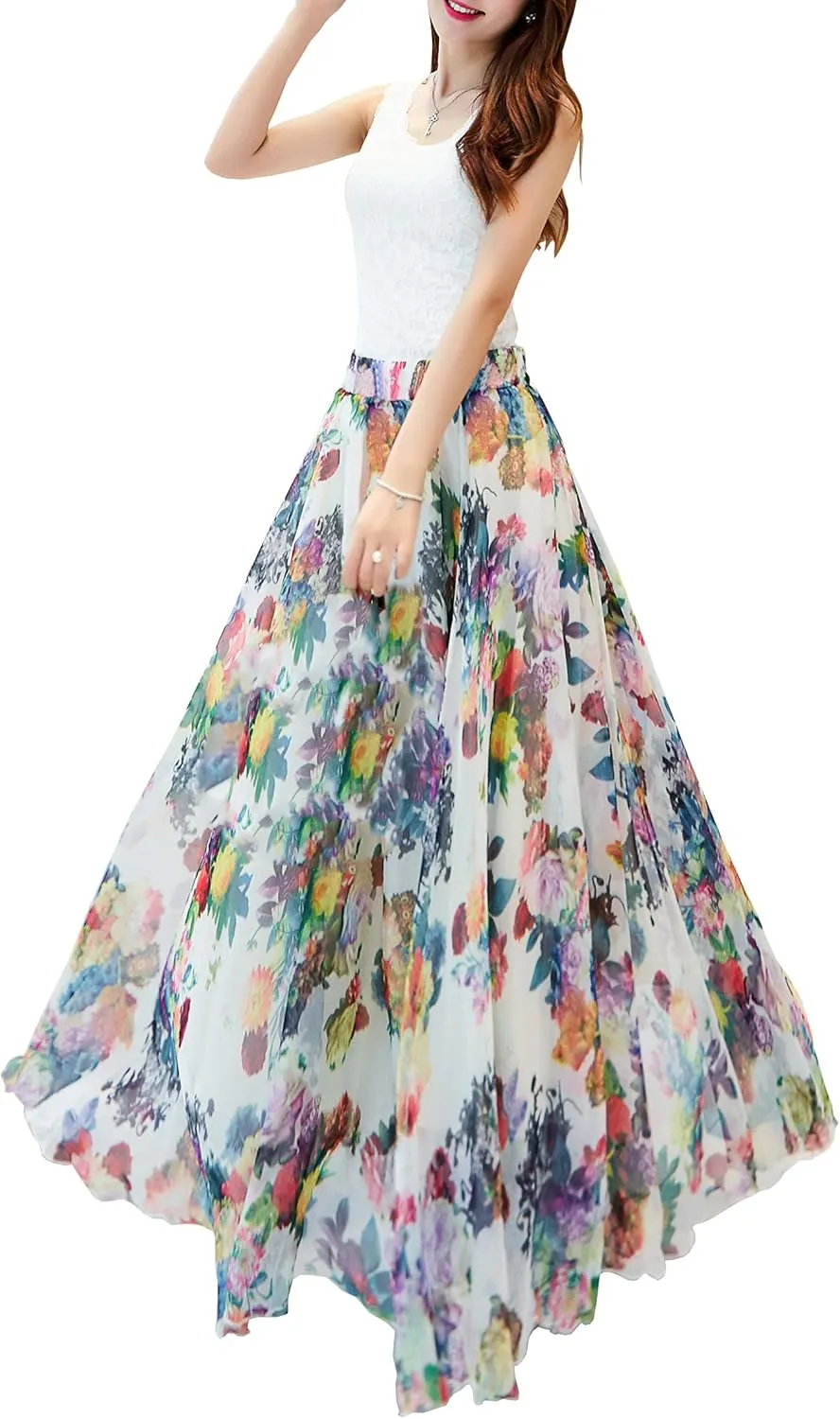 Afibi Women Floral Long Skirts Chiffon Summer Beach High Waisted Maxi Skirts