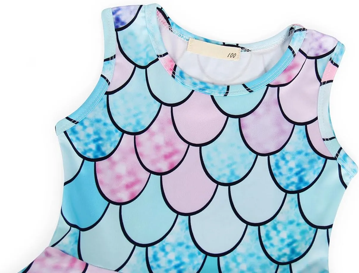 AmzBarley Girls Printed Dress Sleeveless Summer Dresses for Girls Casual Midi Tiered Swing Dress Kids Skater Dress 1-10Years