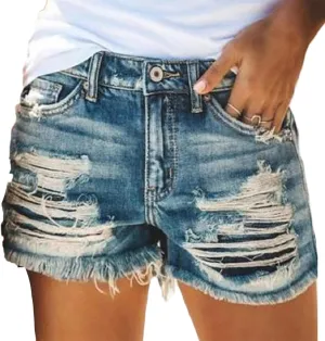 Andongnywell Womens High Waisted Summer Ripped Frayed Raw Hem Shorts Stretchy Denim Long Shorts Casual Distressed Jean Shorts