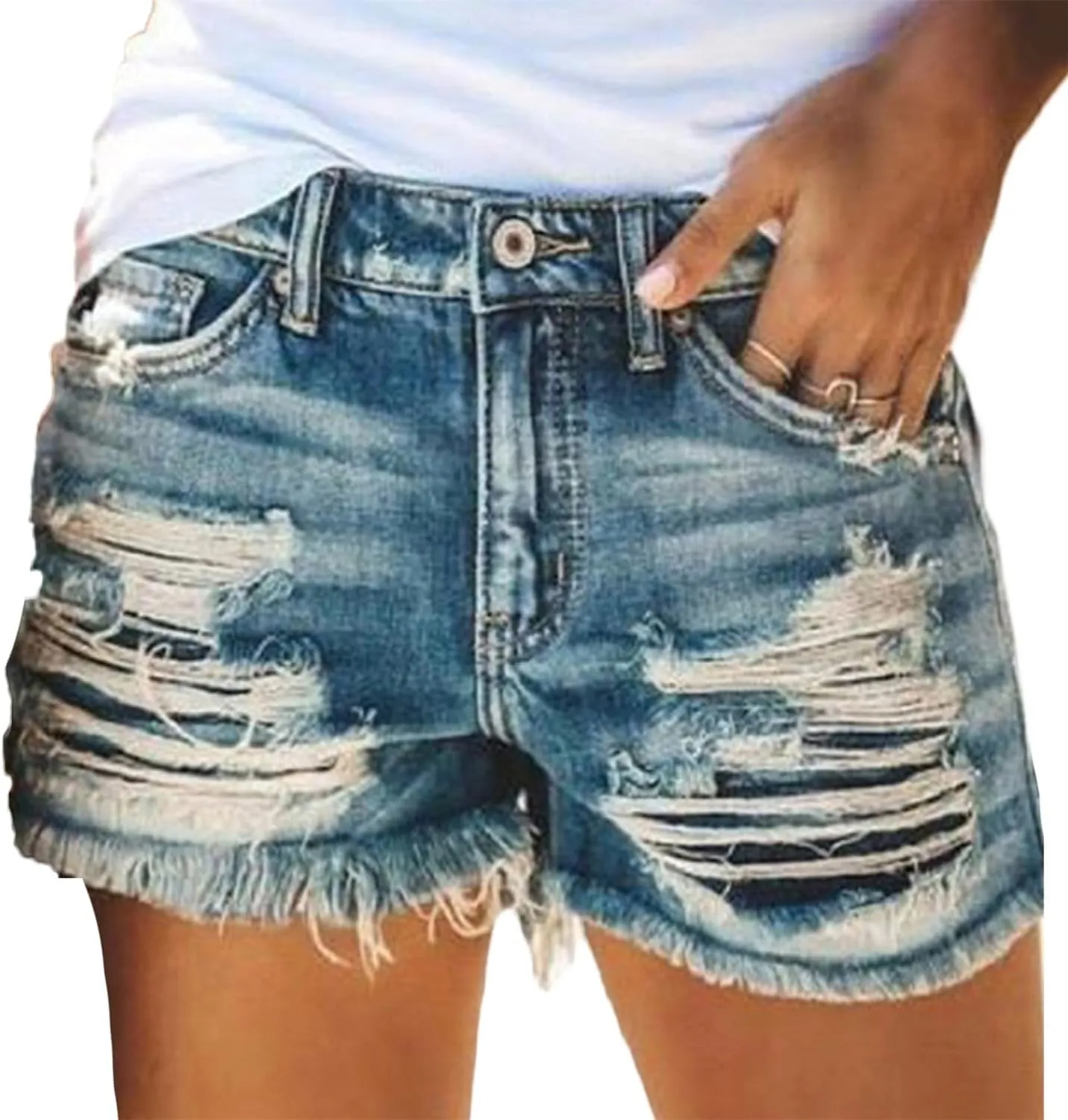 Andongnywell Womens High Waisted Summer Ripped Frayed Raw Hem Shorts Stretchy Denim Long Shorts Casual Distressed Jean Shorts
