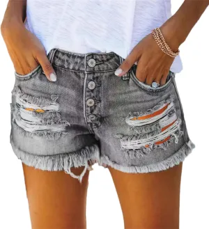 Andongnywell Womens Ripped Frayed Denim Shorts High Waisted Casual Distressed Ripped Shorts Raw Hem Jeans-Shorts