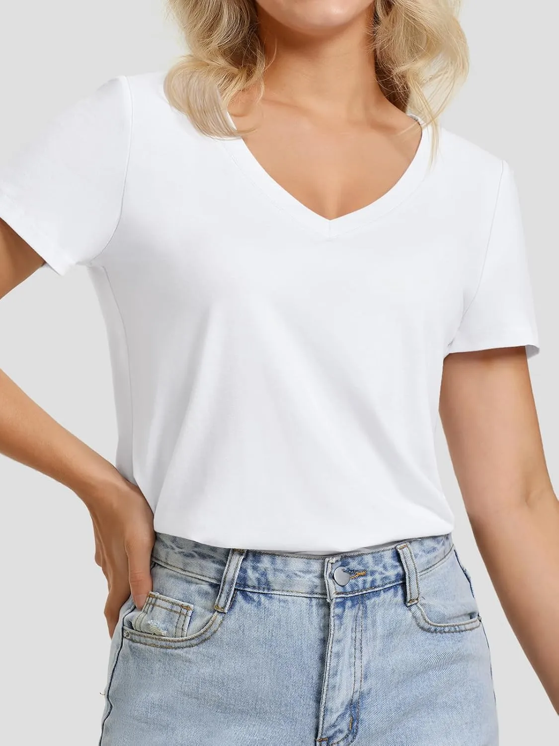 ATHMILE Womens V Neck Short Sleeve Summer T Shirts Curved Hem Plain Top Beach