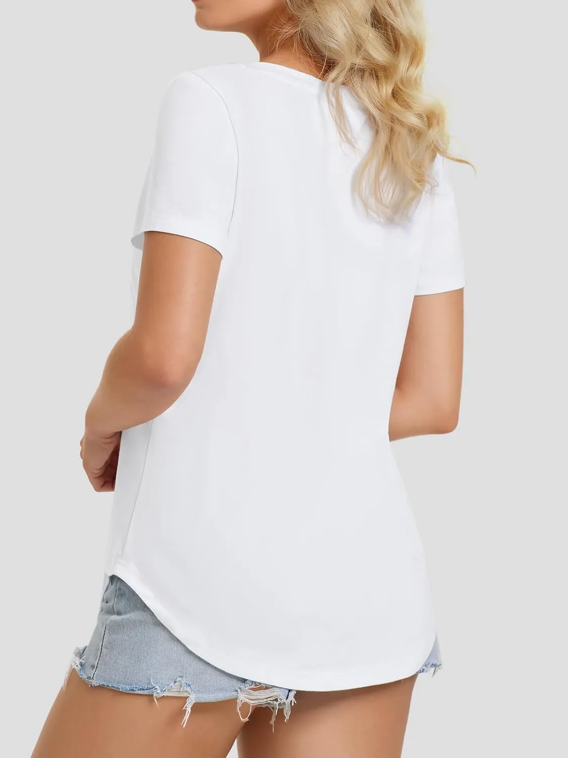 ATHMILE Womens V Neck Short Sleeve Summer T Shirts Curved Hem Plain Top Beach