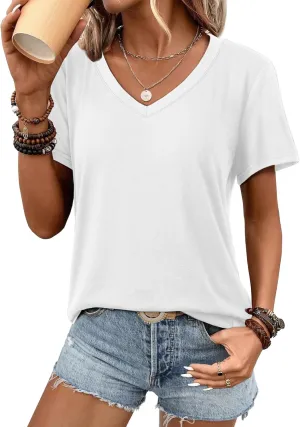 ATHMILE Womens V Neck Short Sleeve Summer T Shirts Curved Hem Plain Top Beach