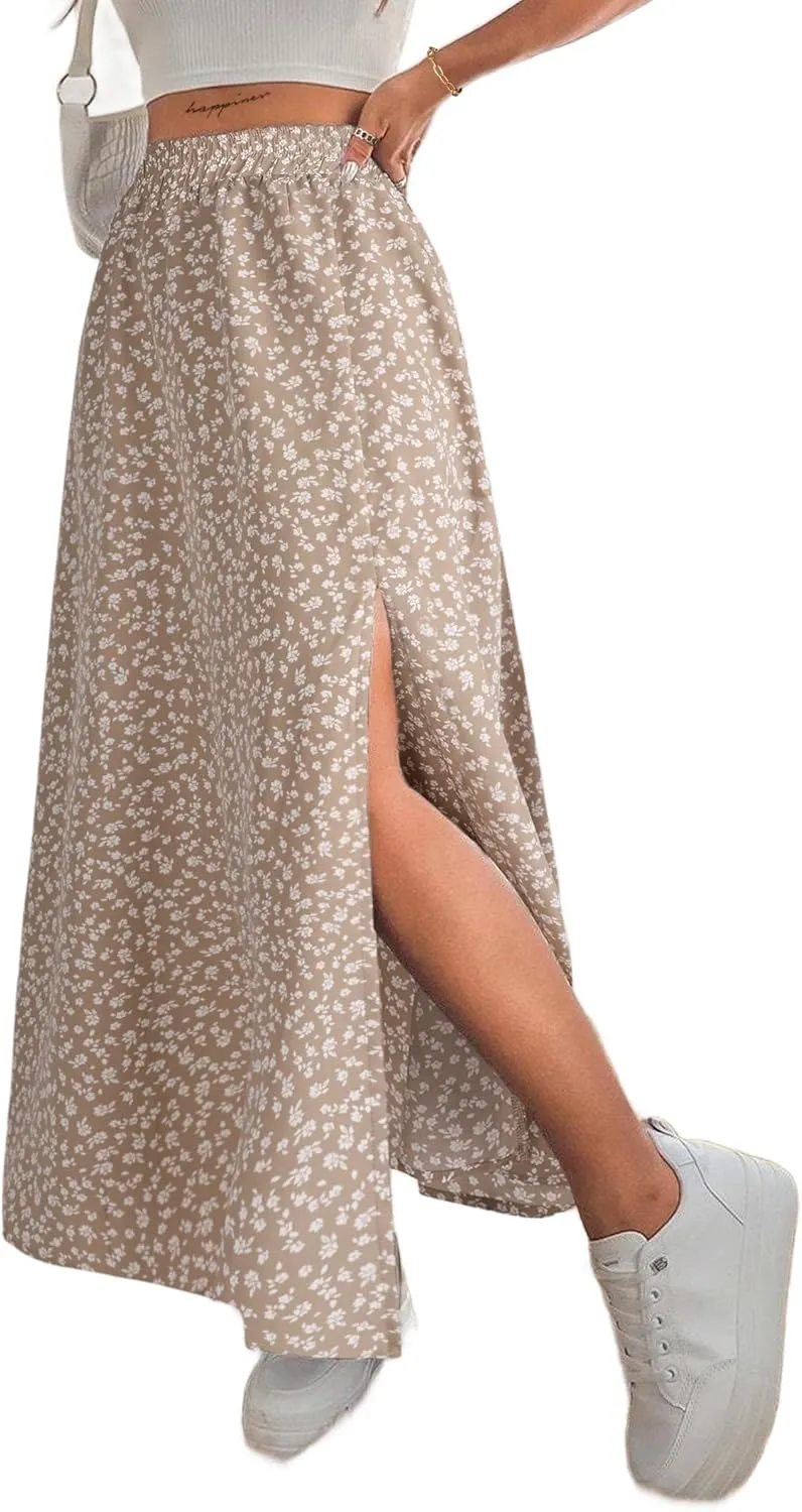 Avanova Women Boho Floral Slit Maxi Skirt Split Thigh High Waisted Long Sexy Skirt