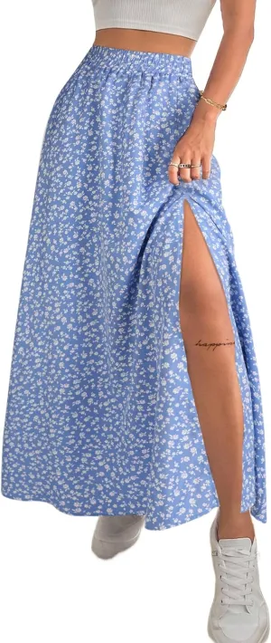 Avanova Women Boho Floral Slit Maxi Skirt Split Thigh High Waisted Long Sexy Skirt