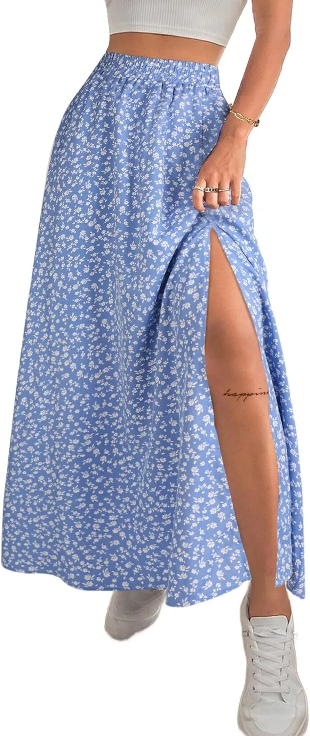 Avanova Women Boho Floral Slit Maxi Skirt Split Thigh High Waisted Long Sexy Skirt