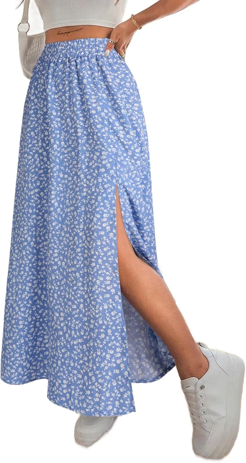 Avanova Women Boho Floral Slit Maxi Skirt Split Thigh High Waisted Long Sexy Skirt