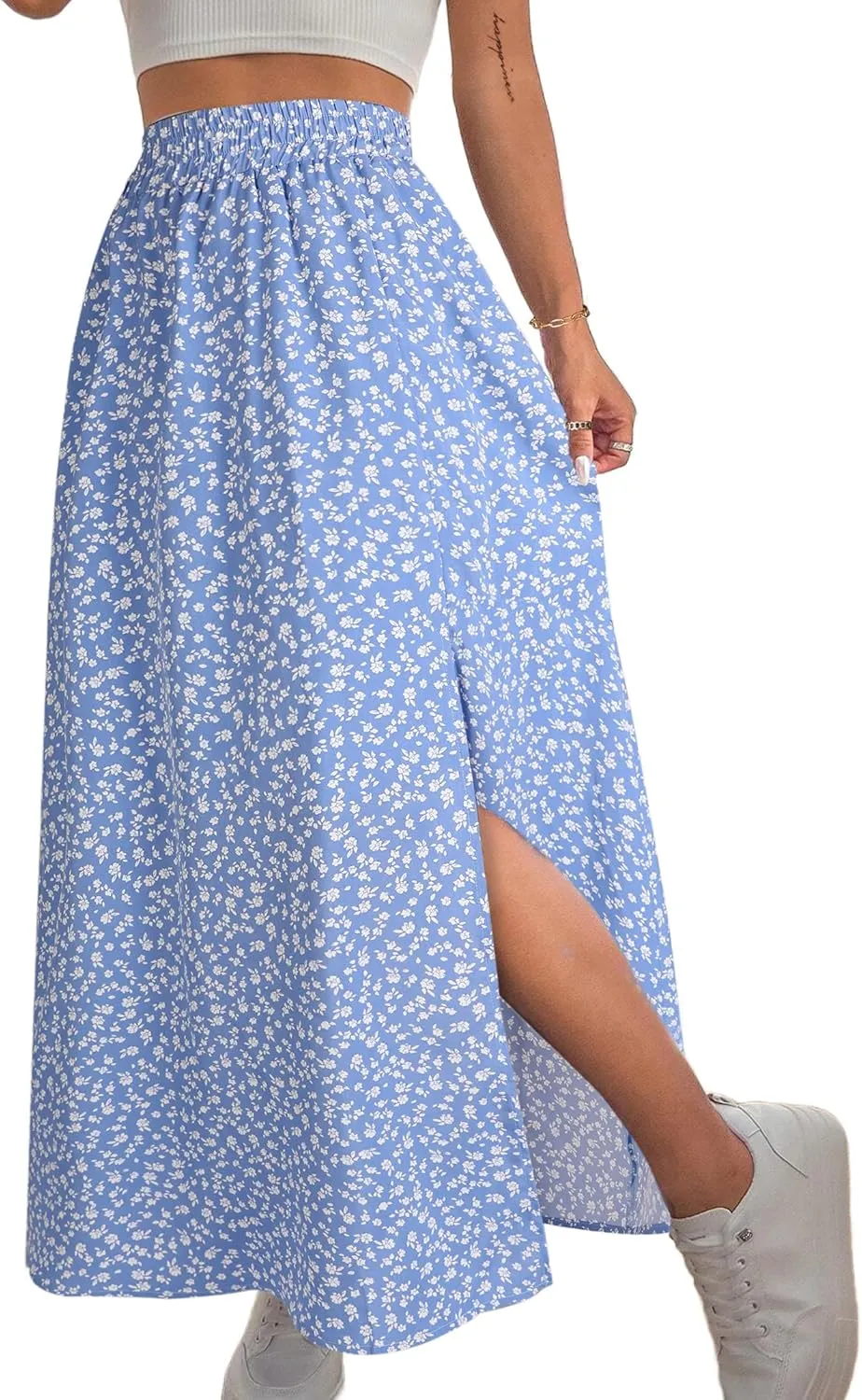 Avanova Women Boho Floral Slit Maxi Skirt Split Thigh High Waisted Long Sexy Skirt