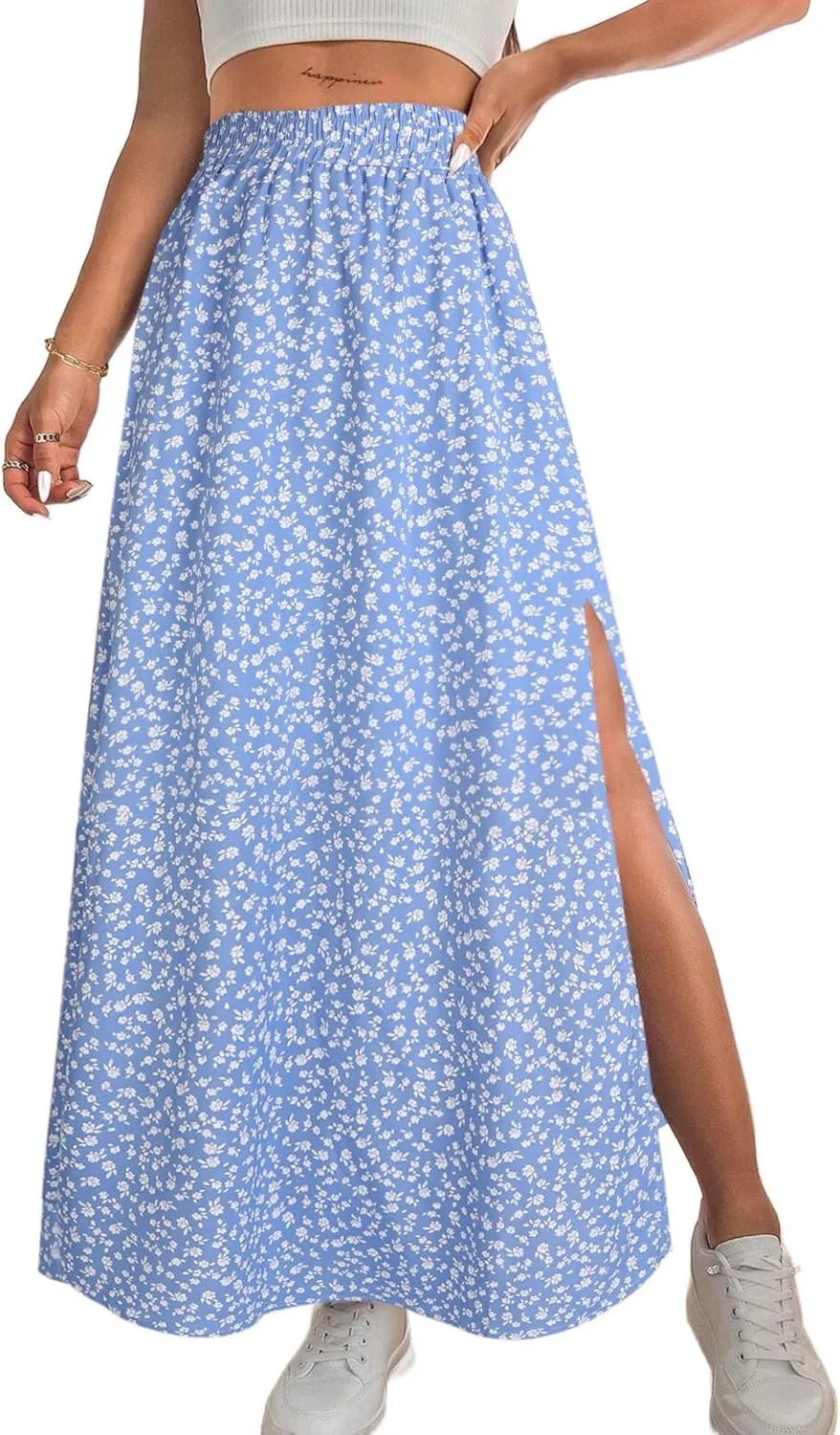 Avanova Women Boho Floral Slit Maxi Skirt Split Thigh High Waisted Long Sexy Skirt