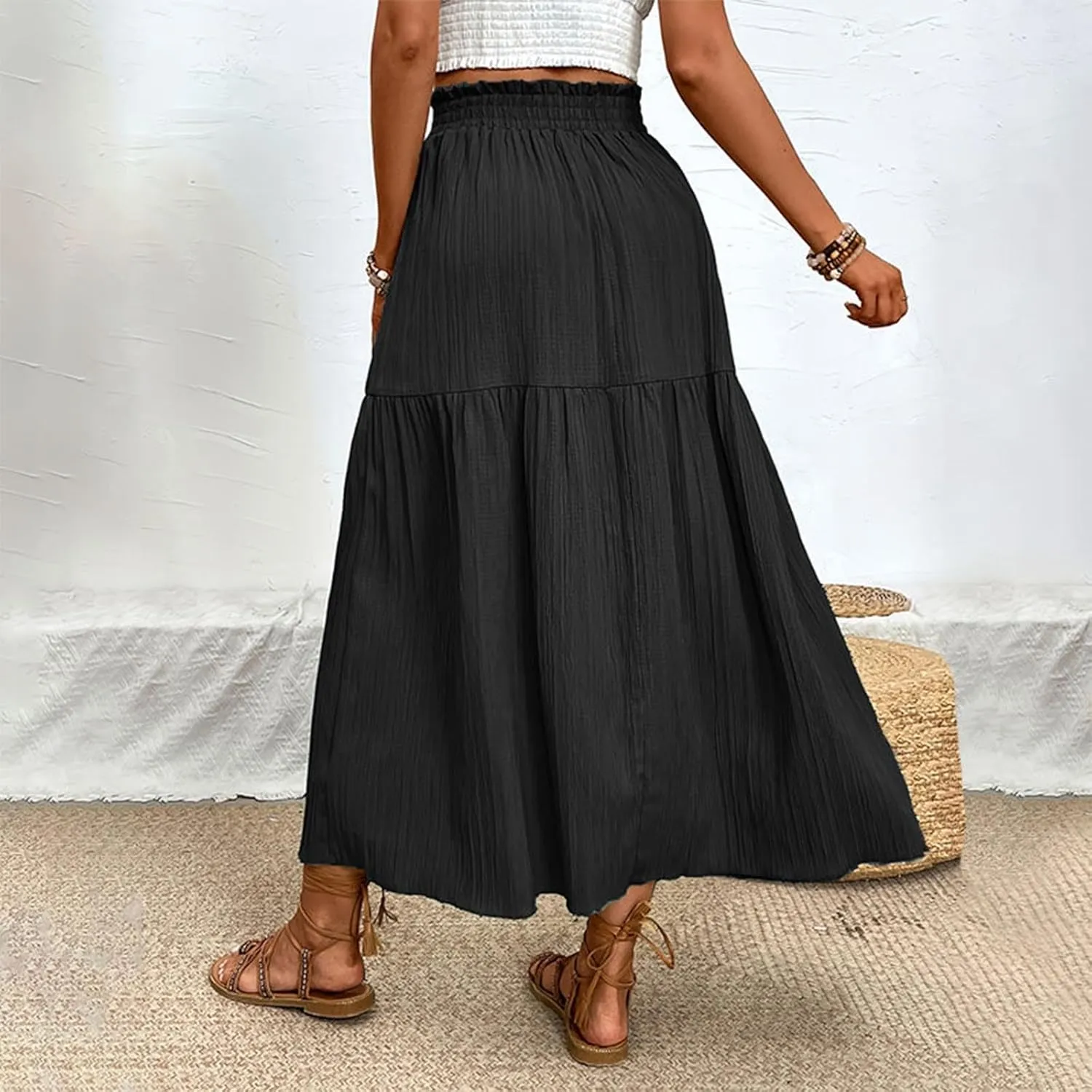 Beach Maxi Skirt for Women Summer Elastic Waist Pleated Casual Solid Color Skirt Elegant Textured Side Slit Skirt