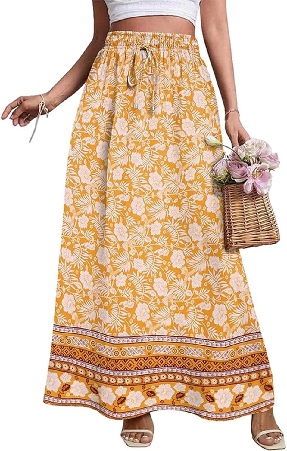 Beach Women's Skirts, Casual Vacation Boho Flowy Maxi Summer Womens Skirts