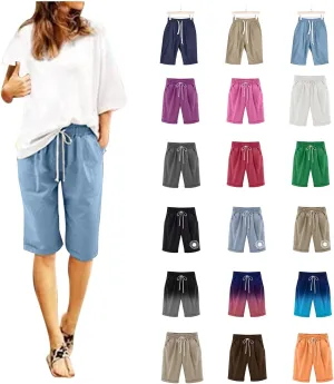 Bermuda Shorts for Women Loose Fit Knee Length Linen Shorts Elastic Waist Workout Shorts Summer Beach Shorts