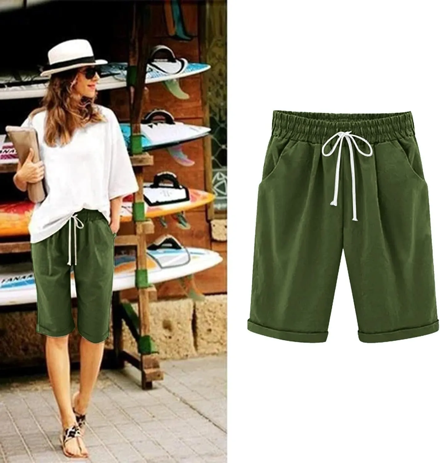 Bermuda Shorts for Women Loose Fit Knee Length Linen Shorts Elastic Waist Workout Shorts Summer Beach Shorts