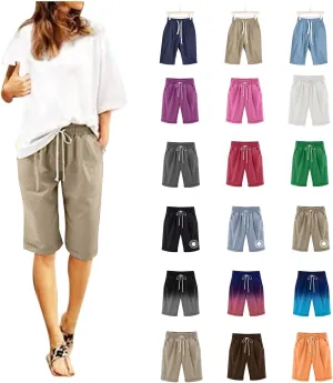 Bermuda Shorts for Women Loose Fit Knee Length Linen Shorts Elastic Waist Workout Shorts Summer Beach Shorts