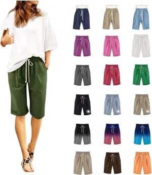 Bermuda Shorts for Women Loose Fit Knee Length Linen Shorts Elastic Waist Workout Shorts Summer Beach Shorts