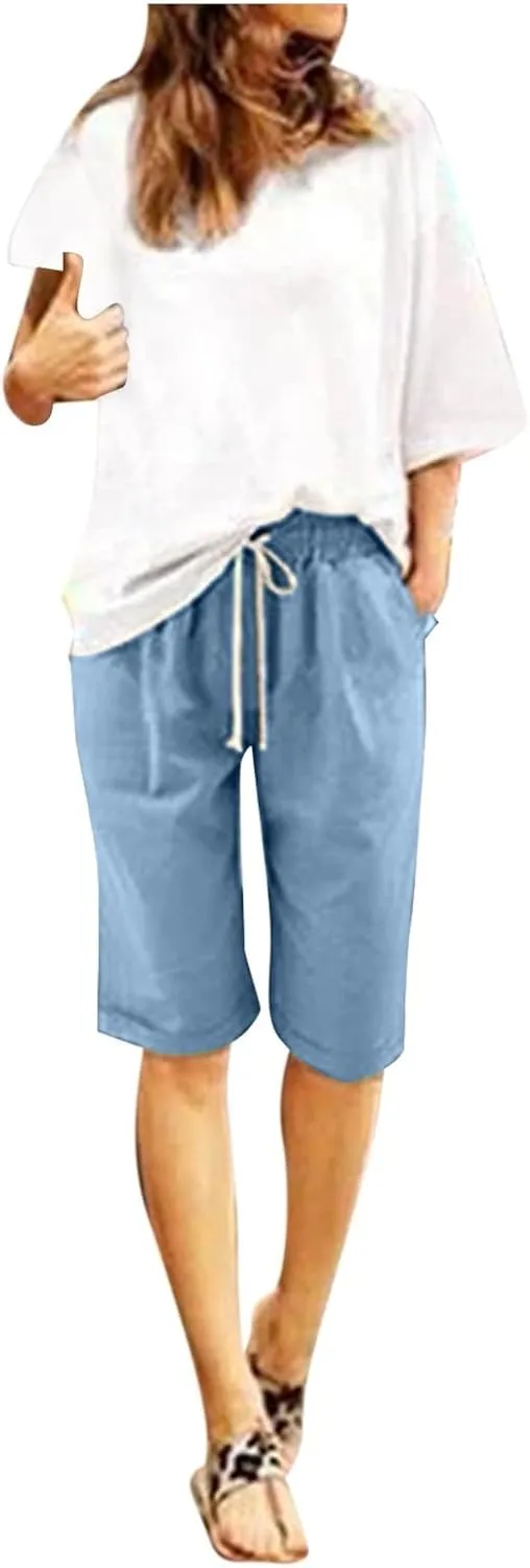 Bermuda Shorts for Women Loose Fit Knee Length Linen Shorts Elastic Waist Workout Shorts Summer Beach Shorts