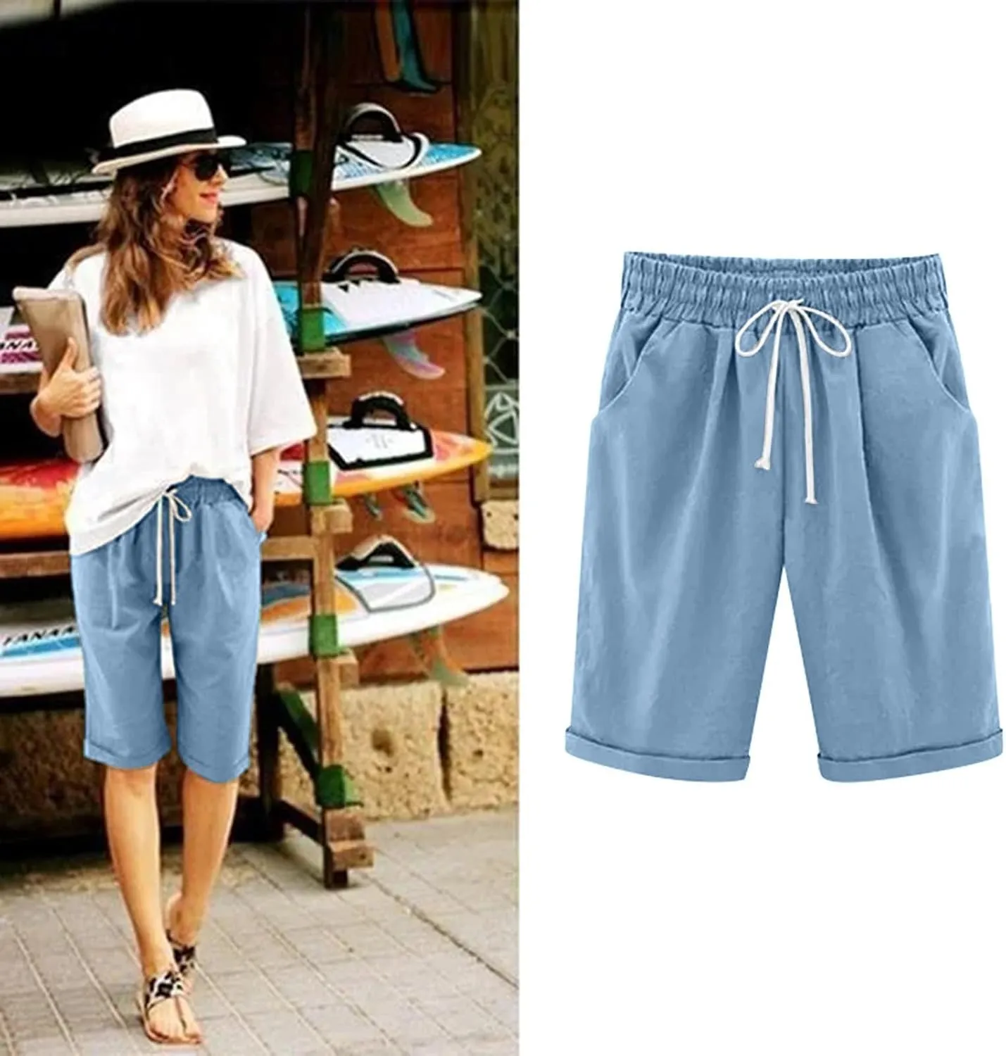 Bermuda Shorts for Women Loose Fit Knee Length Linen Shorts Elastic Waist Workout Shorts Summer Beach Shorts
