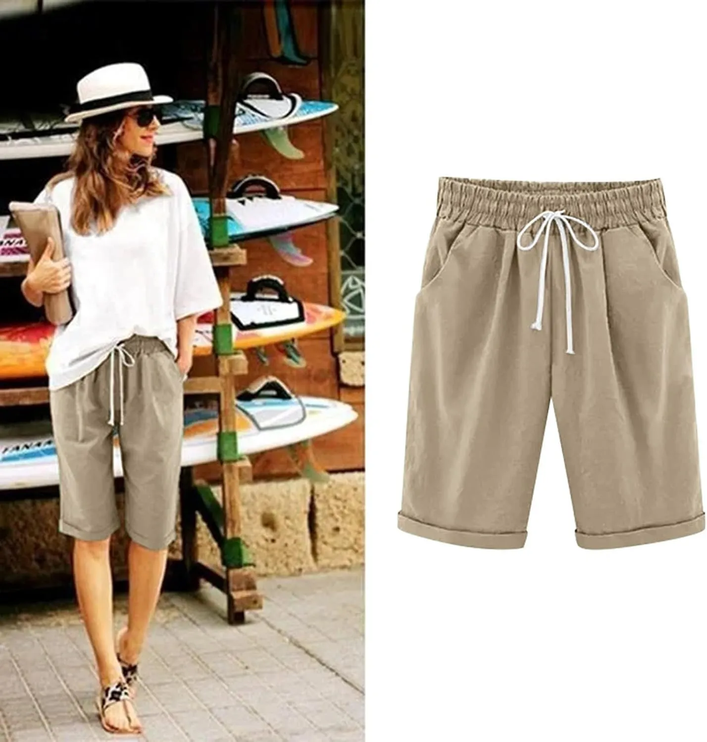Bermuda Shorts for Women Loose Fit Knee Length Linen Shorts Elastic Waist Workout Shorts Summer Beach Shorts