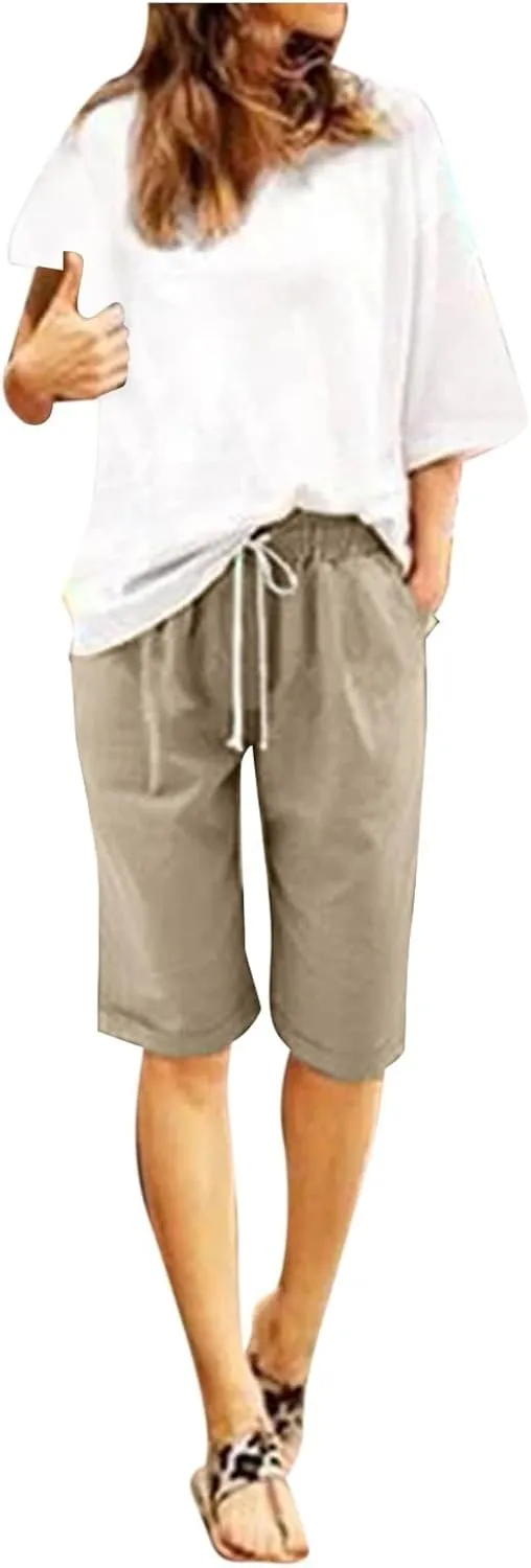 Bermuda Shorts for Women Loose Fit Knee Length Linen Shorts Elastic Waist Workout Shorts Summer Beach Shorts