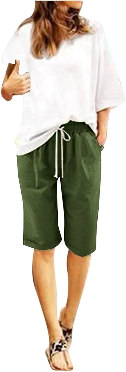 Bermuda Shorts for Women Loose Fit Knee Length Linen Shorts Elastic Waist Workout Shorts Summer Beach Shorts