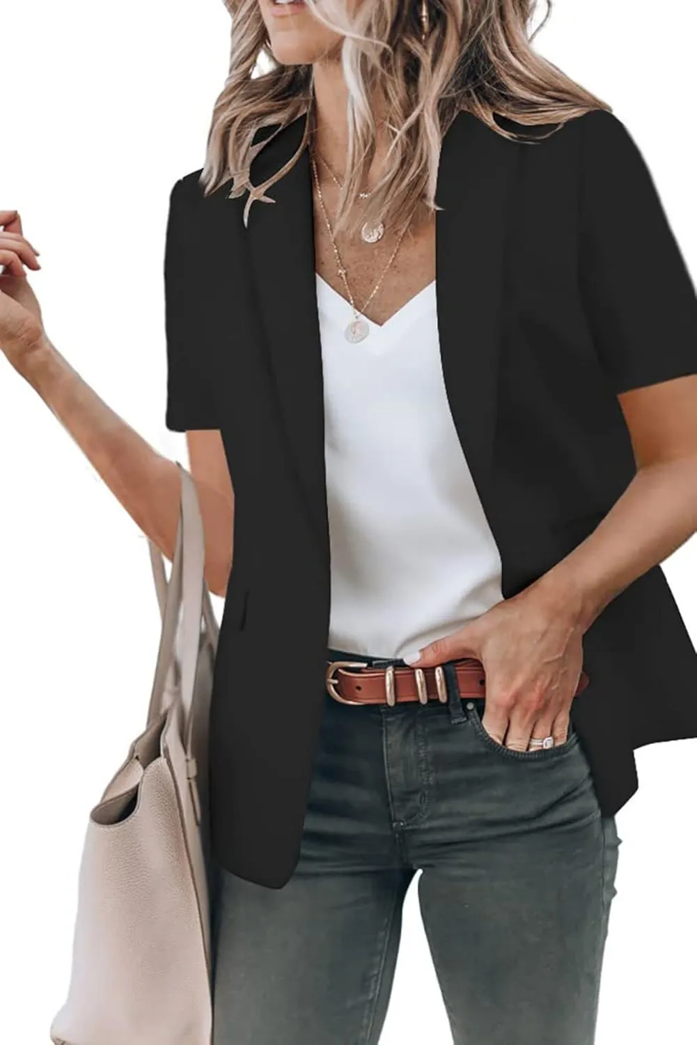 Blazers for Women Open Front Short Sleeve Work Office Suit Jackets Blazer Trendy Business Lapel Collar Blazer Outfits