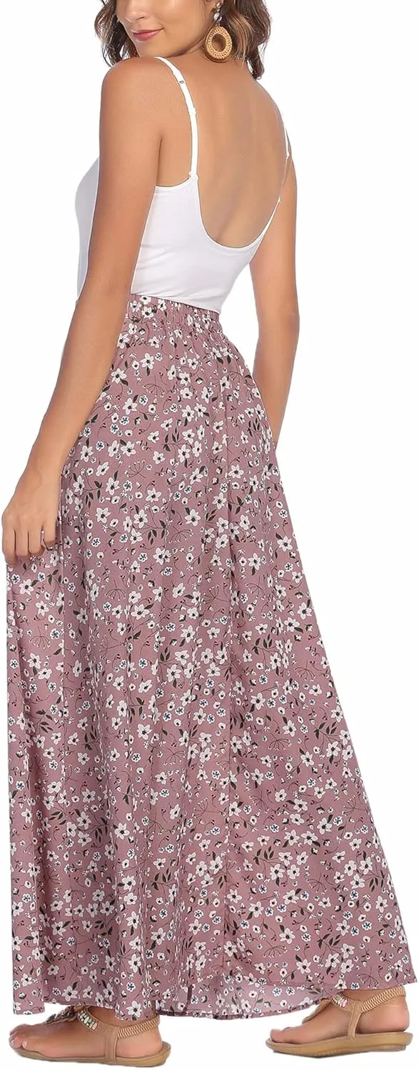Bluetime Women Flowy Long Skirts Summer Beach Pleated Elastic High Waisted Casual Maxi Skirts