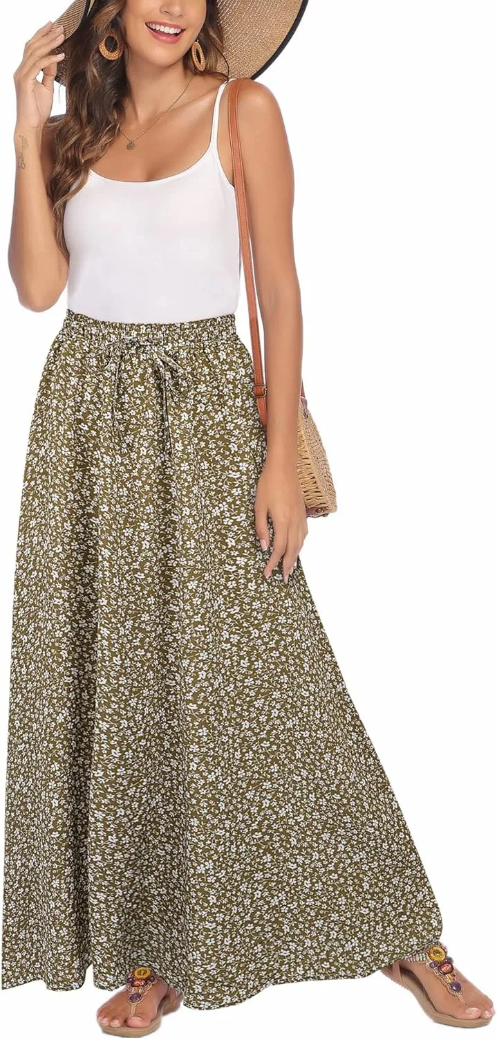 Bluetime Women Flowy Long Skirts Summer Beach Pleated Elastic High Waisted Casual Maxi Skirts