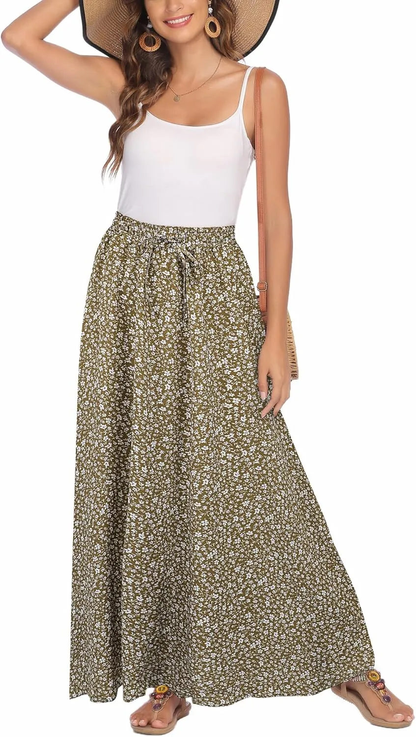 Bluetime Women Flowy Long Skirts Summer Beach Pleated Elastic High Waisted Casual Maxi Skirts