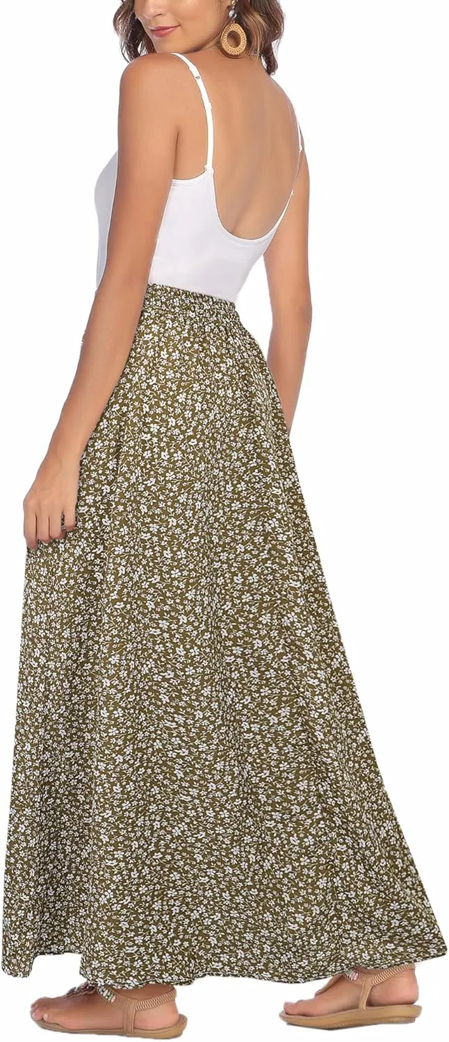 Bluetime Women Flowy Long Skirts Summer Beach Pleated Elastic High Waisted Casual Maxi Skirts