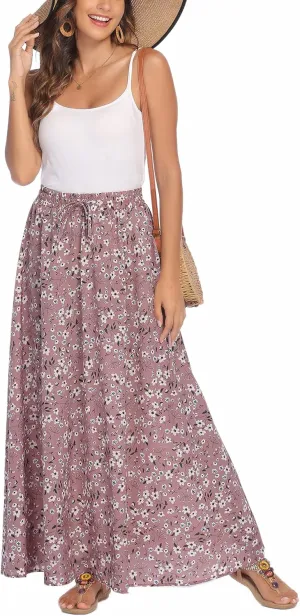 Bluetime Women Flowy Long Skirts Summer Beach Pleated Elastic High Waisted Casual Maxi Skirts