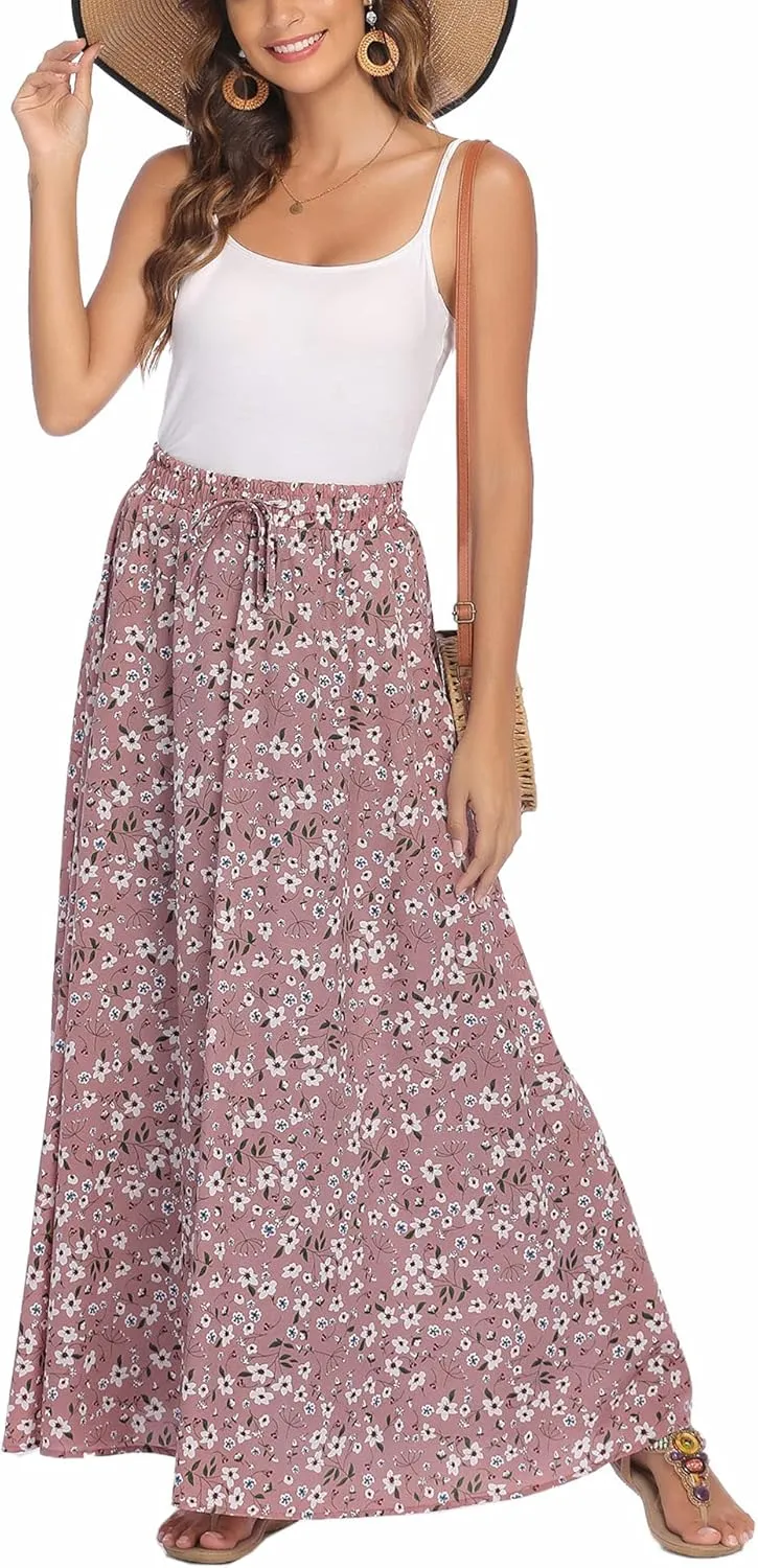 Bluetime Women Flowy Long Skirts Summer Beach Pleated Elastic High Waisted Casual Maxi Skirts