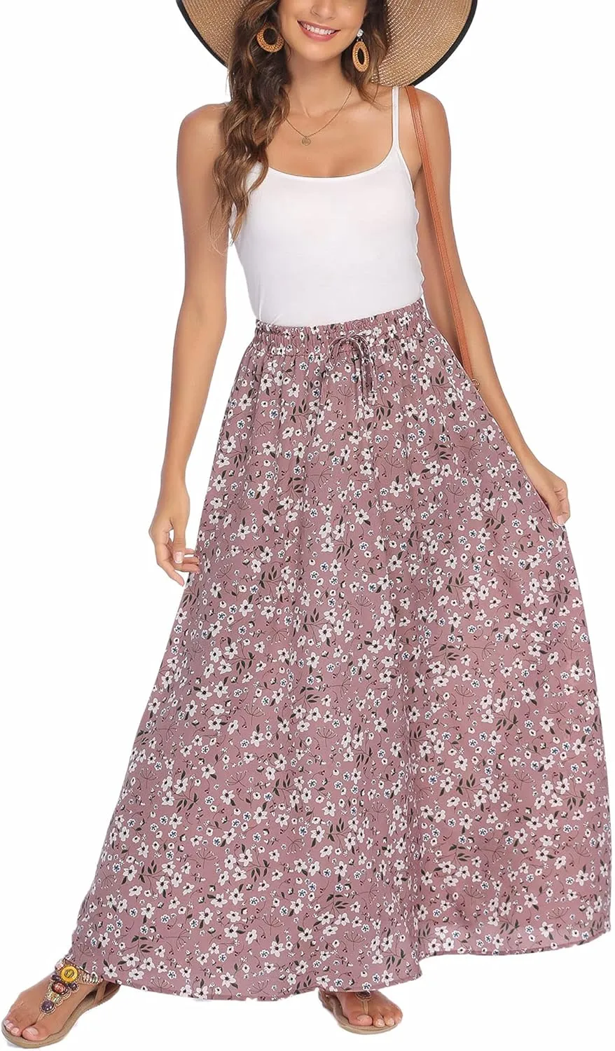 Bluetime Women Flowy Long Skirts Summer Beach Pleated Elastic High Waisted Casual Maxi Skirts