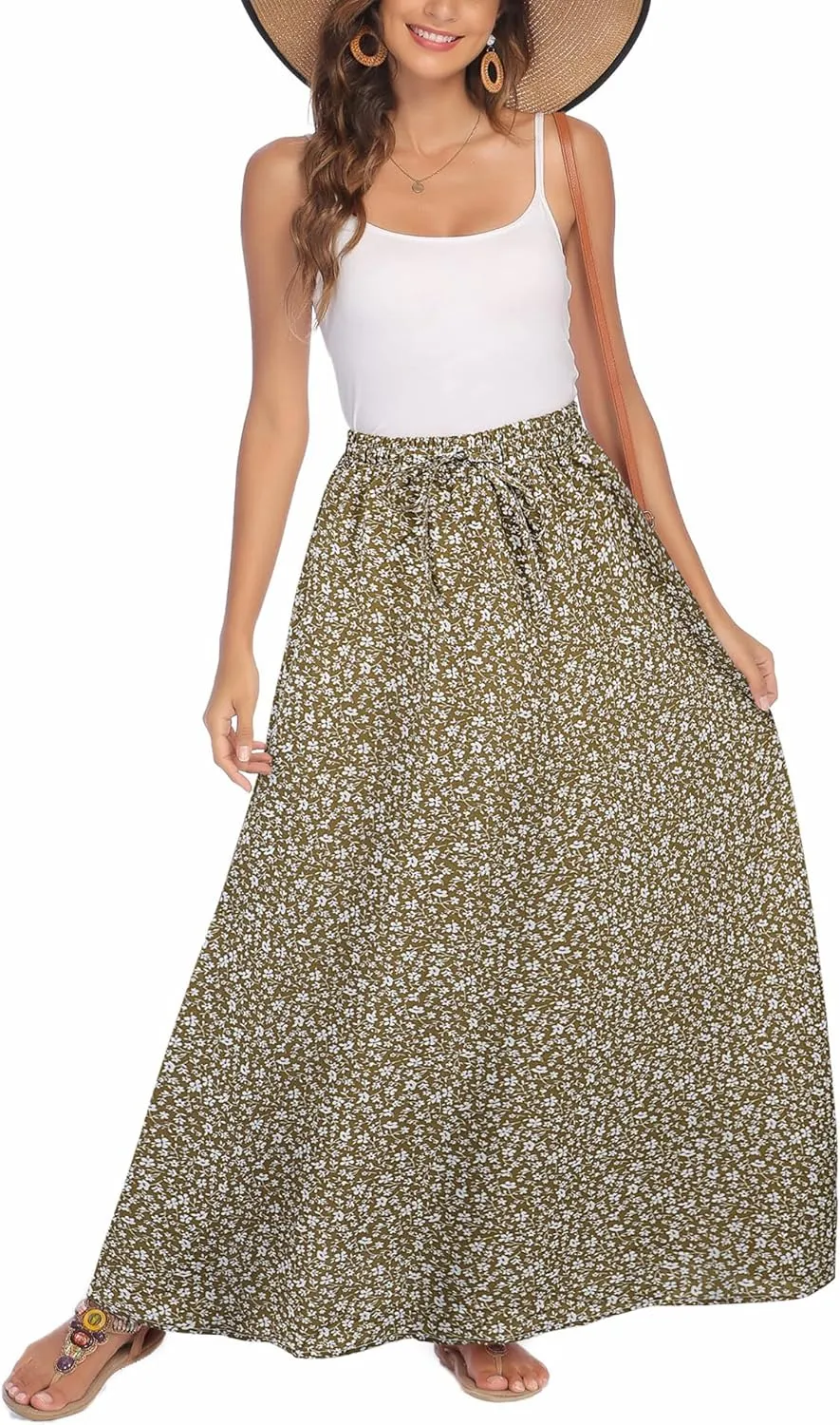 Bluetime Women Flowy Long Skirts Summer Beach Pleated Elastic High Waisted Casual Maxi Skirts
