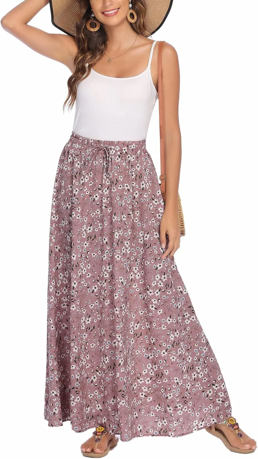 Bluetime Women Flowy Long Skirts Summer Beach Pleated Elastic High Waisted Casual Maxi Skirts