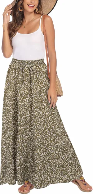 Bluetime Women Flowy Long Skirts Summer Beach Pleated Elastic High Waisted Casual Maxi Skirts