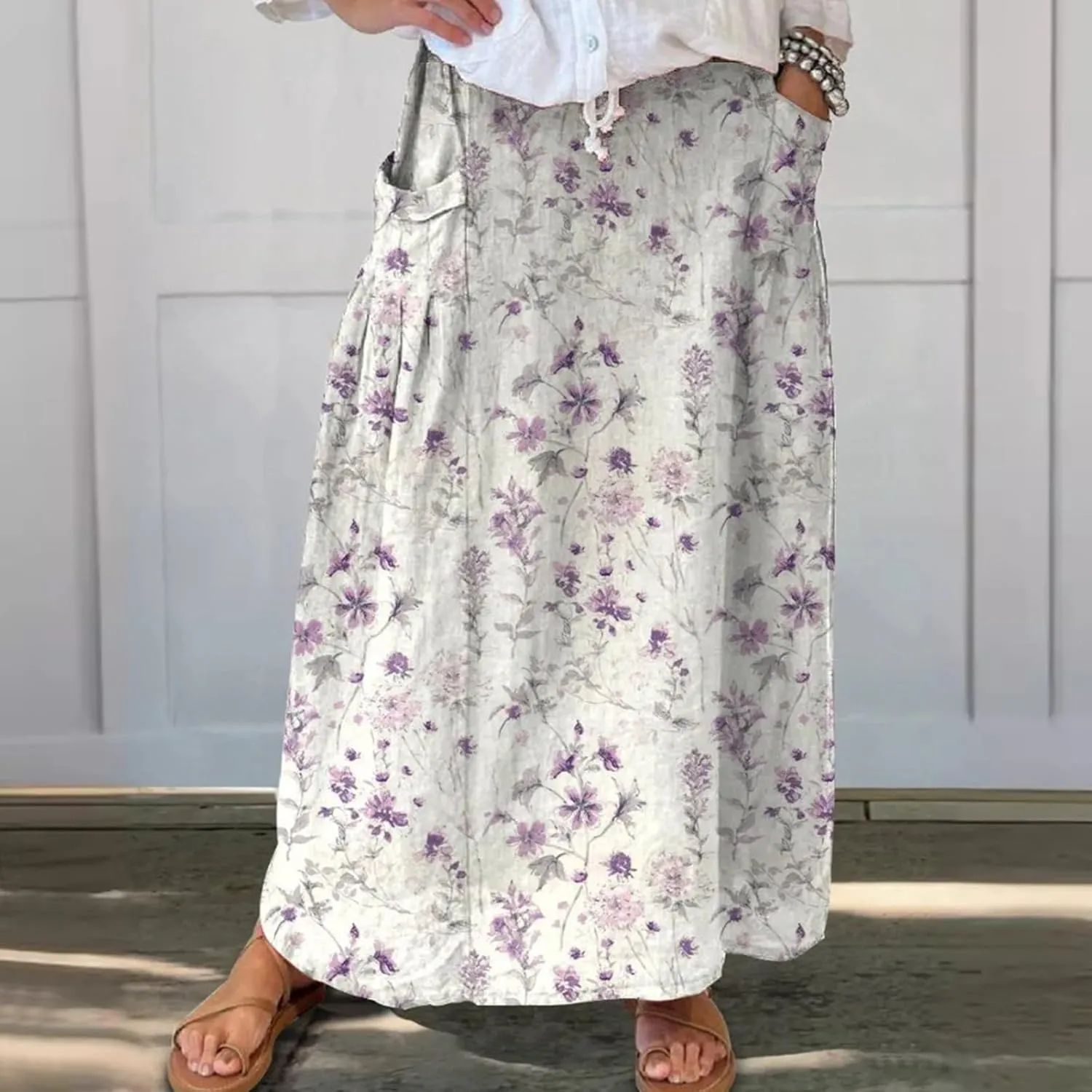 Boho Floral Maxi Skirt Women Elastic High Waist Tiered Pleated Flowy Long Skirt Summer Casual Beach with Pockets
